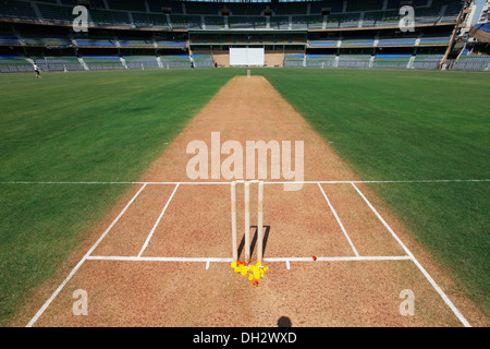 Stümpfe und Cricket pitch Wankhede Stadium Mumbai Maharashtra Indien Asien Stockfoto