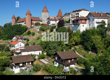 Schweiz, Estavayer-le-Lac, Chateau de Chenaux, Burg, Häuser, Schweiz, Estavayer-le-Lac, Chateau de Chenaux, Burg, Häuser, Stockfoto