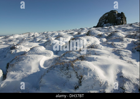 Haytor in Schneeverhältnissen, Dartmoor National Park, Devon, Großbritannien. Stockfoto