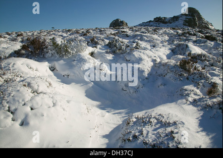 Haytor in Schneeverhältnissen, Dartmoor National Park, Devon, Großbritannien. Stockfoto