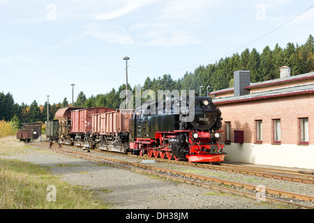 Eine Dampflok zieht einen Güterzug auf der Harz-Bergbahn in Benneckenstein, Deutschland Stockfoto