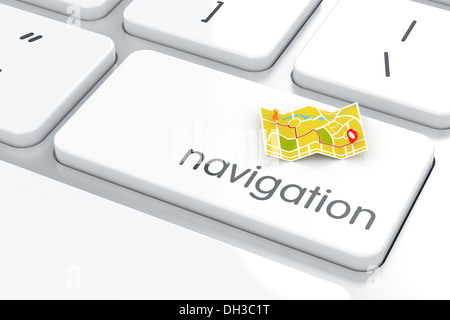 3D Render Karte mit Pin-Symbol auf der Tastatur. Navigationskonzept Stockfoto