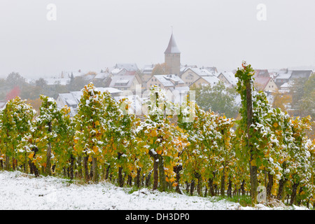 Stadtbild von Steinreinach im Herbst bei Schneefall, Korb-Steinreinach, Weinbaugebiet der Remstäler, Baden-Württemberg Stockfoto