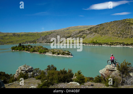 Mountainbiker über Lake Roxburgh auf Roxburgh Schlucht Rad- und Wanderweg, Central Otago, Südinsel, Neuseeland Stockfoto