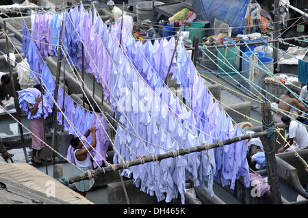 Wäscherei Kleidung trocknen Dhobi Ghat in Mahalaxmi in Mumbai, Maharashtra, Indien Stockfoto