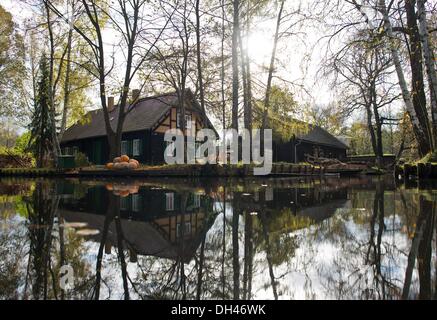 der Spreewald Dorf Lehde, Deutschland. 30. Oktober 2013. Häuser und Bäume am Ufer eines Flusses spiegeln sich im Wasser nahe dem Spreewald Dorf Lehde, Deutschland, 30. Oktober 2013. Im UNESCO-Biosphären-Reservat Spreewald ist ein einzigartiges Refugium für viele Tier- und Pflanzenarten. Foto: PATRICK PLEUL/Dpa/Alamy Live News Stockfoto