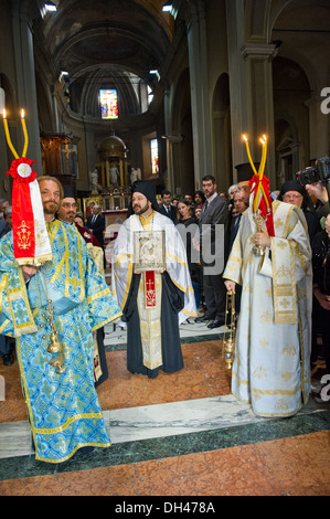 Treffen der katholischen und koptische orthodoxe Kirche in Mailand. Kardinal Angelo Scola trifft orthodoxe Patriarch Papst Tawadros II Stockfoto