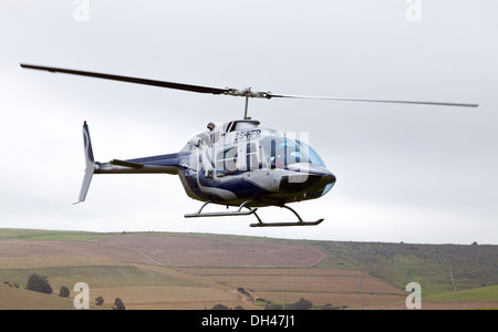 Ein Bell 206 Jet Ranger landet auf dem Durbanville Hills Wein-Bauernhof in der Cape-Südafrika Stockfoto