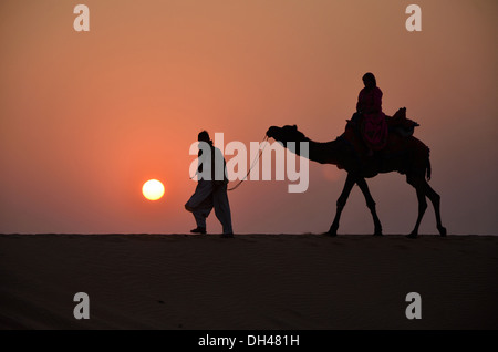 Mann führenden Kamel bei Sonnenuntergang in der Wüste; Jaisalmer; Rajasthan; Indien; Asien Stockfoto