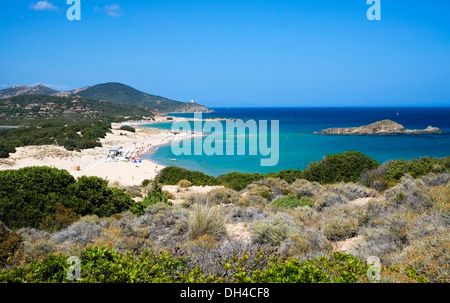 Panorama von Su Giudeu Beach in Chia, Sardinien, Italien Stockfoto