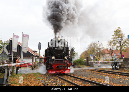 Eine Dampflok zieht einen Personenzug auf die Harz-Bergbahn auf den brocken Stockfoto