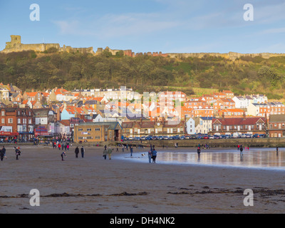 Menschen zu Fuß ihre Hunde auf Süden Strand Scarborough North Yorkshire England UK an einem windigen Herbsttag Stockfoto