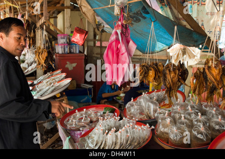 Horizontale Porträt eines lokalen Lao entscheiden, was zu einem Lebensmittelmarkt in Laos zu kaufen. Stockfoto