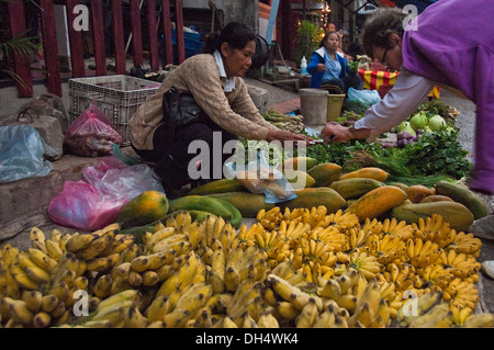 Horizontale Nahaufnahme eines westlichen Touristen kaufen Obst auf dem täglichen Markt in Luang Prabang. Stockfoto