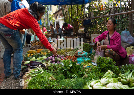 Horizontale Porträt eines Mädchens Laos kaufen Gemüse auf dem täglichen Obst und Gemüse Markt in Luang Prabang. Stockfoto