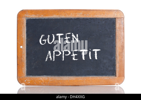 Alte Schultafel mit den Worten GUTEN APPETIT, Deutsch für genießen Sie Ihre Mahlzeit Stockfoto