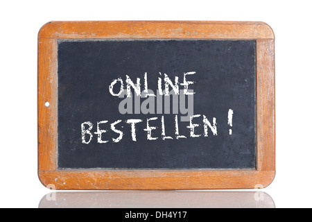 Alte Schultafel mit den Worten ONLINE ÜBERSETZUNGSFORUM!, Deutsch für New: online bestellen! Stockfoto