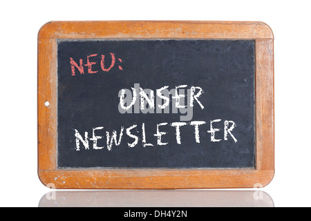 Alte Schultafel mit den Worten NEU: UNSER NEWSLETTER, Deutsch für New: unser Newsletter Stockfoto