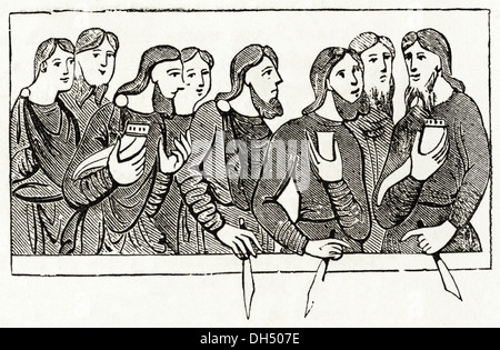 Anglo Saxon England. Täglichen Leben Männer trinken Bier aus Kühe Hörner in Anglo-Saxon England. Viktorianische Holzschnitt ca. 1845. Stockfoto