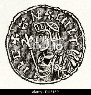 Anglo Saxon England. Silbermünze von König Canute in Anglo-Saxon England. Viktorianische Holzschnitt ca. 1845. Stockfoto