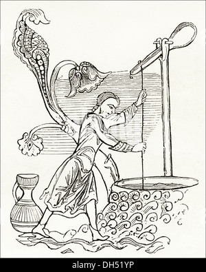 Anglo Saxon England. Alltag, heben von Wasser aus einem Brunnen in Anglo-Saxon England. Viktorianische Holzschnitt ca. 1845. Stockfoto