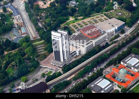 Luftaufnahme, Radisson Hotel, Planten un Blomen Park, Hauptgebäude der Universität Hamburg im Congress Center Hamburg, CCH Stockfoto