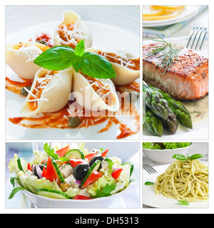 Mediterrane Küche-Collage mit Salat, Nudeln, Lachs und Spargel Stockfoto