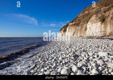 Wellen der weißen Kieselsteinen und Kalksteinfelsen von Bridlington Bucht bei Dänen Deich an Yorkshire Ostküste. Stockfoto