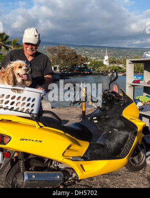 Mann von Pier in Kailua-Kona passt Hund im Korb auf seinem Motorrad Stockfoto