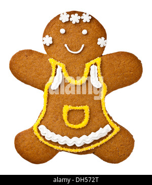 Lebkuchen Frau isoliert auf weißem Hintergrund. Weihnachtsplätzchen Stockfoto