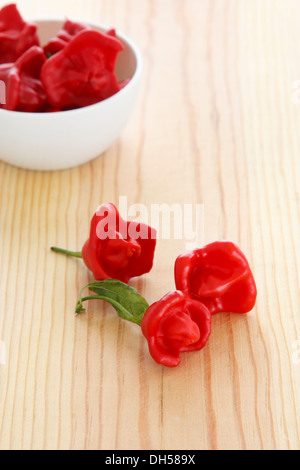 Frische scharfe Chilischoten in einer Schüssel über einem Holztisch. Capsicum Baccatum Specie. Stockfoto