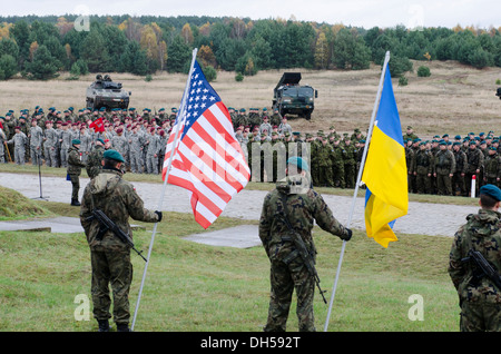 Fallschirmjäger von der 173. Infantry Brigade Combat Team (Airborne) stehen in Formation mit Partnerstaaten bei einem Transfer von Aut Stockfoto