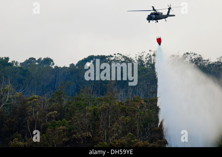 Ein UH-60 Black Hawk, 25. Aviation Regiment, 2nd Battalion, 25. Infanterie-Division, 25. Combat Aviation Brigade zugewiesen Tropfen 500 Gallonen Wasser auf ein Buschfeuer Okt. 24, während der Arbeit mit anderen Diensten und vertraglich Hubschrauber zum Löschen der Stockfoto