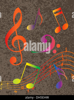 Regenbogen Farben Noten mit Violinschlüssel auf Grunge strukturiertem Hintergrund Illustration Stockfoto