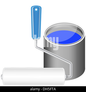 Walze und Eimer mit blauer Farbe zu malen Stockfoto
