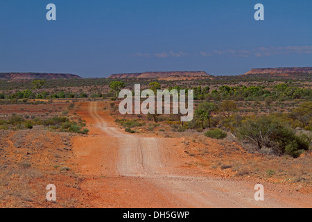 Australische Outback-Landschaft mit langen roten Piste Kreuzung Ebenen bis hin zu weit entfernten Bereiche am Horizont unter blauem Himmel im Northern Territory Stockfoto