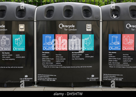 Recycling-Behälter, Westminster, London, UK. Stockfoto