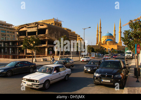 Ruinen von Beirut Stadtzentrum, Mohammed al-Amin Moschee auf der Rückseite, Beirut, Libanon Stockfoto