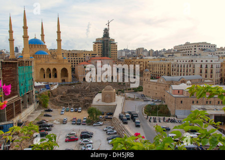 Römische Ausgrabungen vor Mohammed al-Amin Moschee, neben St. Georgs-Kathedrale und die Al Nourieh Shrine, Beirut Stockfoto