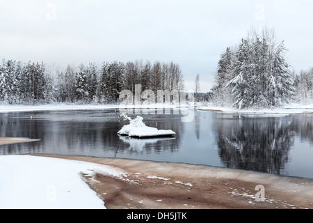 Winter-Ufer des nicht fixierten See mit Schmelzwasser Pfütze. Karelien, Russland Stockfoto