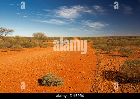 Landschaft mit langen roten Piste / Hugh River stock Route quer karge baumlose outback Ebenen in Zentralaustralien, fernen Horizont Stockfoto