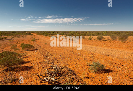 Landschaft mit langen roten Piste / Hugh River stock Route, fernen Horizont über öde outback baumlosen Ebenen in Zentralaustralien aufdie Stockfoto