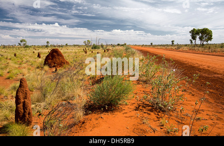 Landschaft mit Termitenhügel Weg / Sandover Highway schneiden über die weiten Ebenen des australischen outback Northern Territory Stockfoto