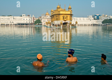 Golden Temple, Hari Mandir, das Hauptheiligtum der Sikh, drei Pilger tragen Turbane rituelle Baden im Heiligen See von Stockfoto