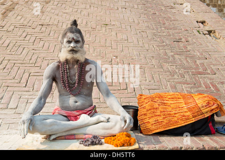 Sadhu, heiliger Mann oder Bummel durch asketische sitzen im Lotussitz auf ein Tuch, sein Körper ist mit weißer Asche im Zeichen beschmiert Stockfoto