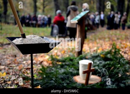 Berlin, Deutschland. 1. November 2013. Menschen erfahren Sie mehr über Friedewald, natürliche Begräbnisstätte des Friedhofs am St.-Bartholomäus-Kirche in Berlin, Deutschland, 1. November 2013. Drei Hektar Waldflächen stehen Menschen auf dem Friedhof begraben. Foto: BRITTA PEDERSEN/Dpa/Alamy Live News Stockfoto