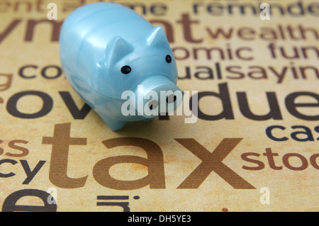 Steuer-Text auf Papier mit Sparschwein Stockfoto