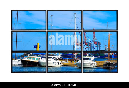 blaue flat Panels mit Yachten im Hafen Stockfoto