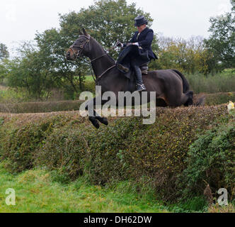 Queniborough, Leicestershire, UK.  1. November 2103. Quorn-Jagd-Seite Sattel Enthusiast Emma Brown zeigt, dass die alten Methoden noch während ihrer Treffen am 1. November, traditionelle Beginn der Jagdsaison Fuchs arbeiten. Bildnachweis: Nico Morgan/Alamy Live-Nachrichten Stockfoto