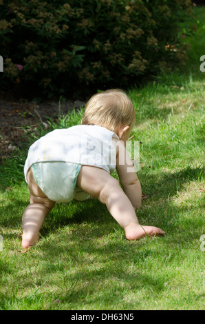 neun Monate altes Baby Mädchen kriechen auf dem Rasen. England. August. Stockfoto